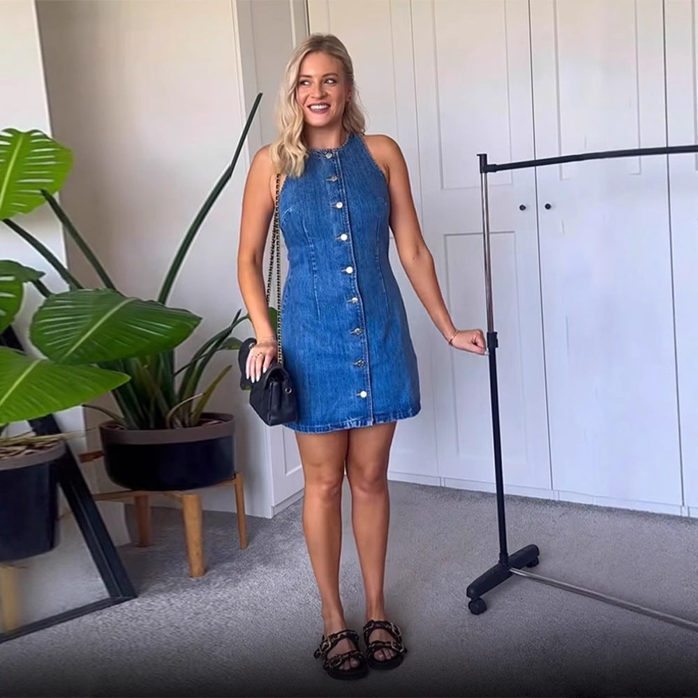 Women's Figure-hugging Sleeveless Denim Mini Dress with Center Button Placket Amarae