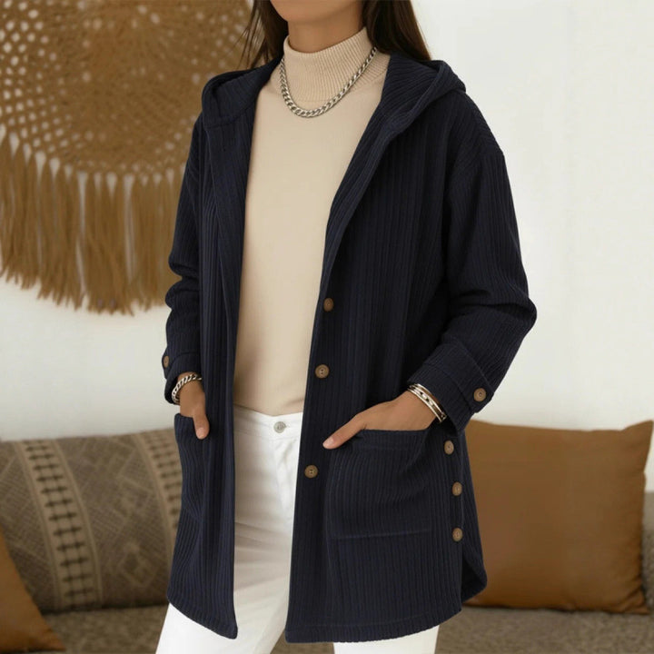 Women's Long Hooded Knitted Cardigan with Ribbed Texture, Button Placket and Side Pockets Amarae