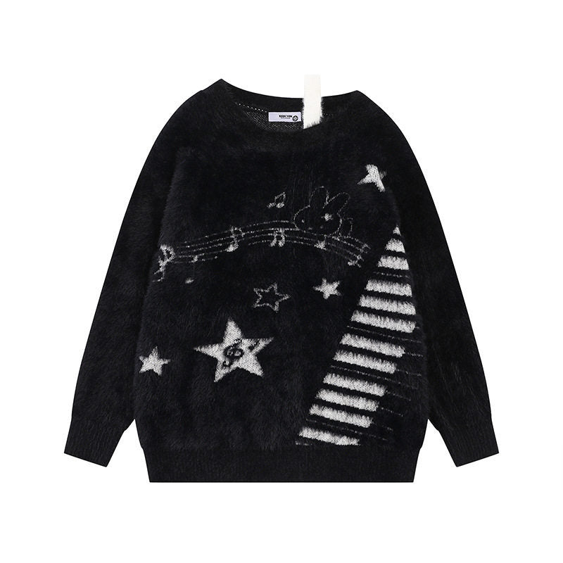 Women's Cozy Knit Sweater with Cartoon Note and Star Motif Amarae