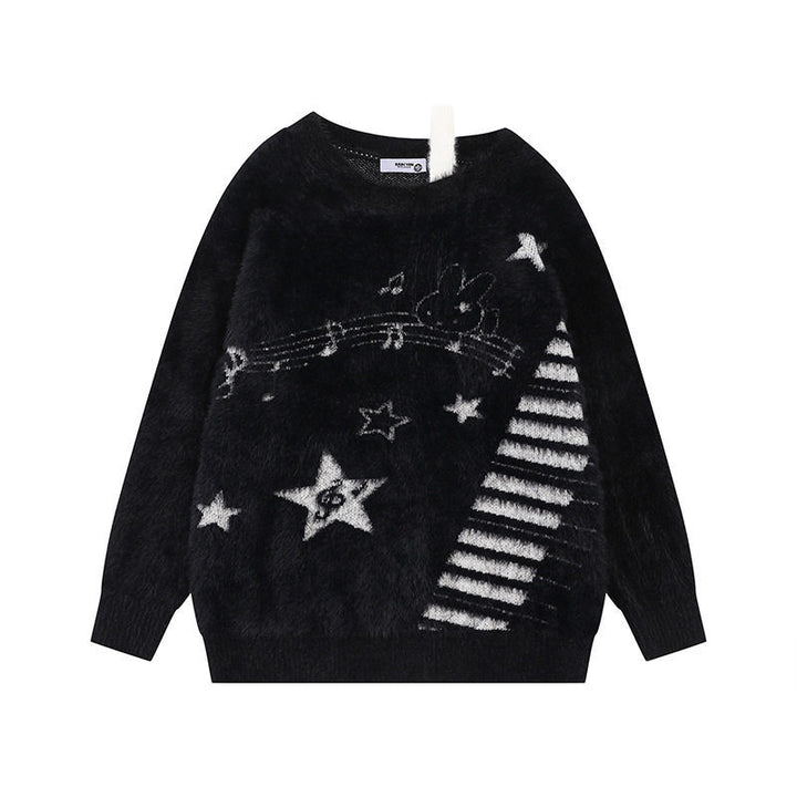Women's Cozy Knit Sweater with Cartoon Note and Star Motif Amarae