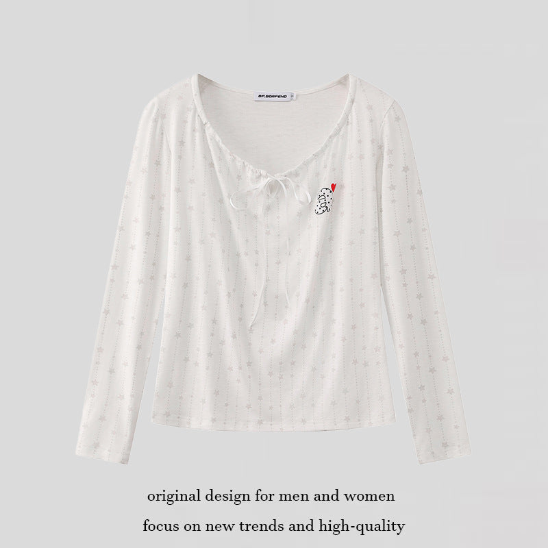Women's long-sleeve shirt with lacing at the neckline, fine star jacquard, and heart emblem Amarae