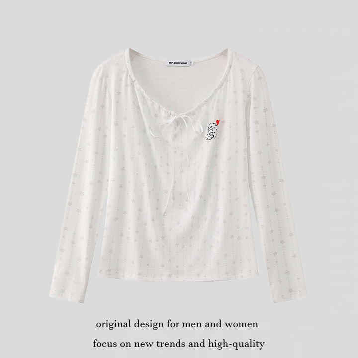 Women's long-sleeve shirt with lacing at the neckline, fine star jacquard, and heart emblem Amarae