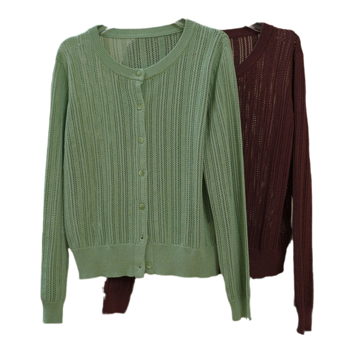 Women Lightweight Openwork Knit Cardigan with Button Placket and Ribbed Hem