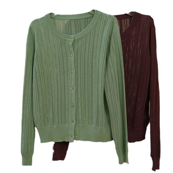 Women Lightweight Openwork Knit Cardigan with Button Placket and Ribbed Hem