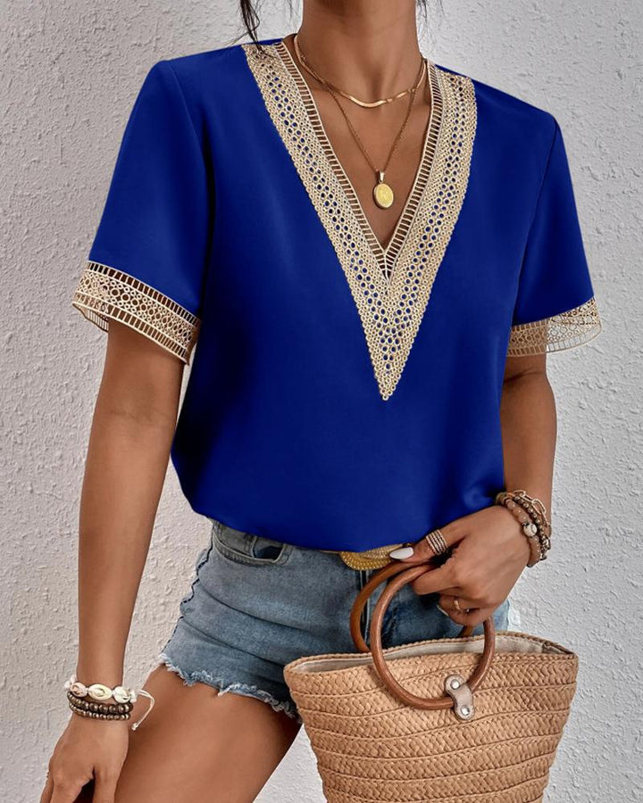 Elegant V-neck blouse with lace for women Lune London