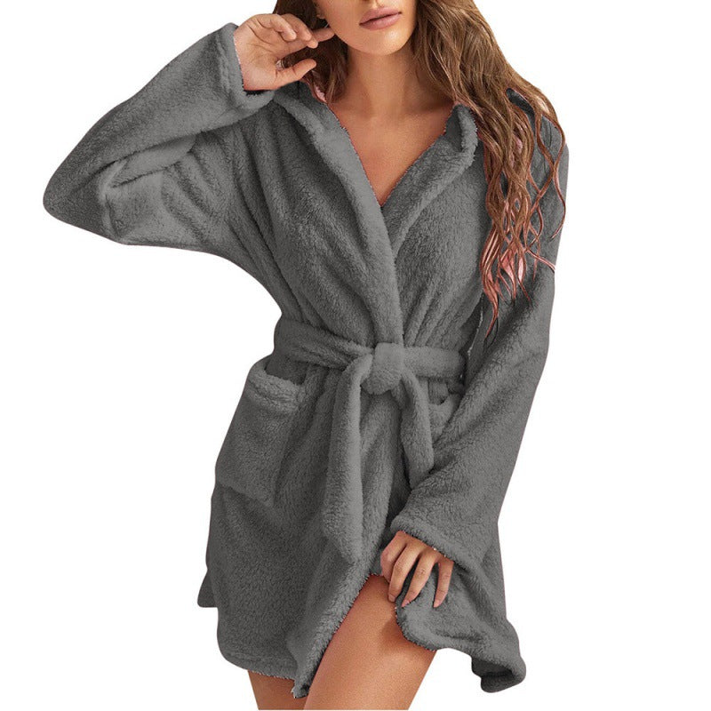 Women's Cozy Fleece Bathrobe with Hood and Waist Tie Lune London