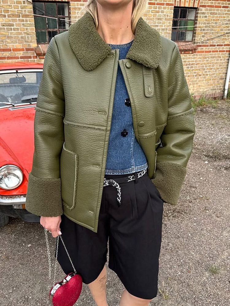 Ladies Short Aviator-Style Bomber Jacket with Teddy Lining and Boxy Silhouette Amarae