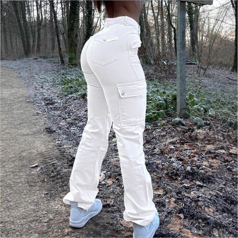 Women’s high-waisted cargo jeans with flared hem and functional flap pockets Amarae
