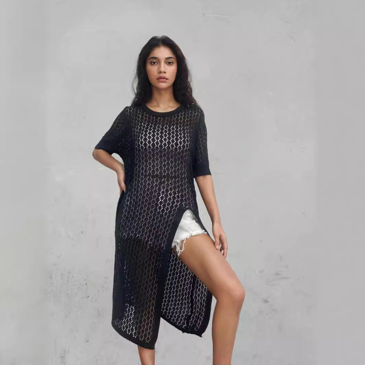 Ladies long knitted kimono with open design and breathable mesh structure Lune London