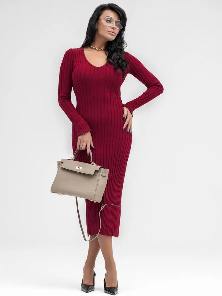 Knit dress for women with deep V-neckline and elegant ribbed details Lune London