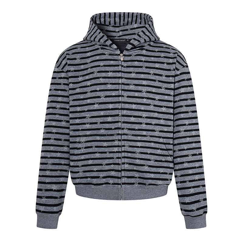 Women Casual Hooded Zip Jacket in Striped Jacquard with Star Structure Amarae