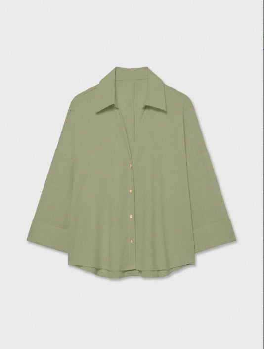 Women's Lightweight Oversized Linen Look Blouse with Three-Quarter Sleeves and Full Button Placket Amarae