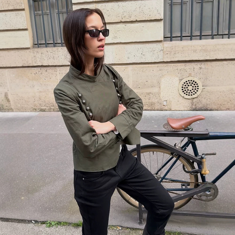 Women's Military-Inspired Short Jacket with Stand-Up Collar and Decorative Button Placket Amarae