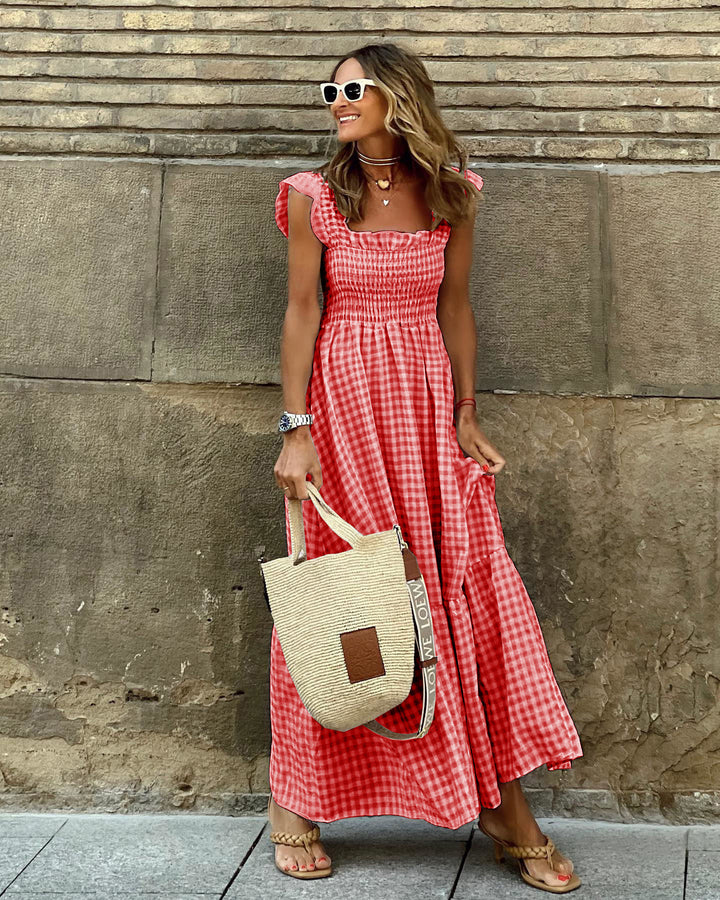 Maxi dress for women with subtle ruffle details and a romantic check pattern Lune London