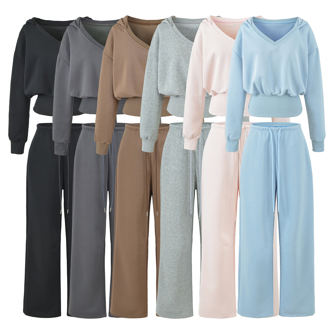 Women's Comfort Lounge Set with Short V Hooded Sweatshirt and High-Cut Wide-Leg Joggers Amarae