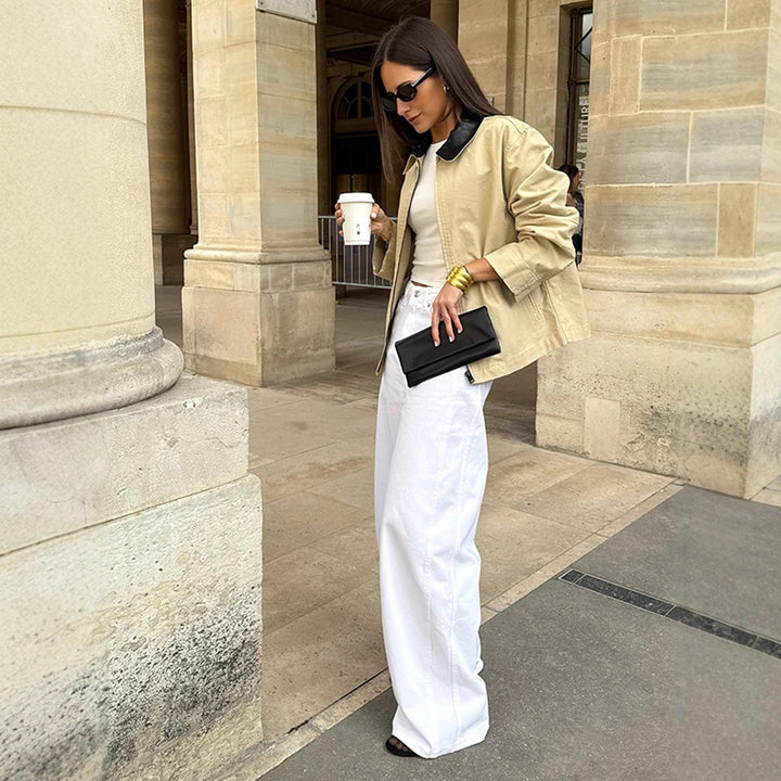 Women's Boxy Transitional Jacket with Contrasting Collar and Concealed Zipper Amarae