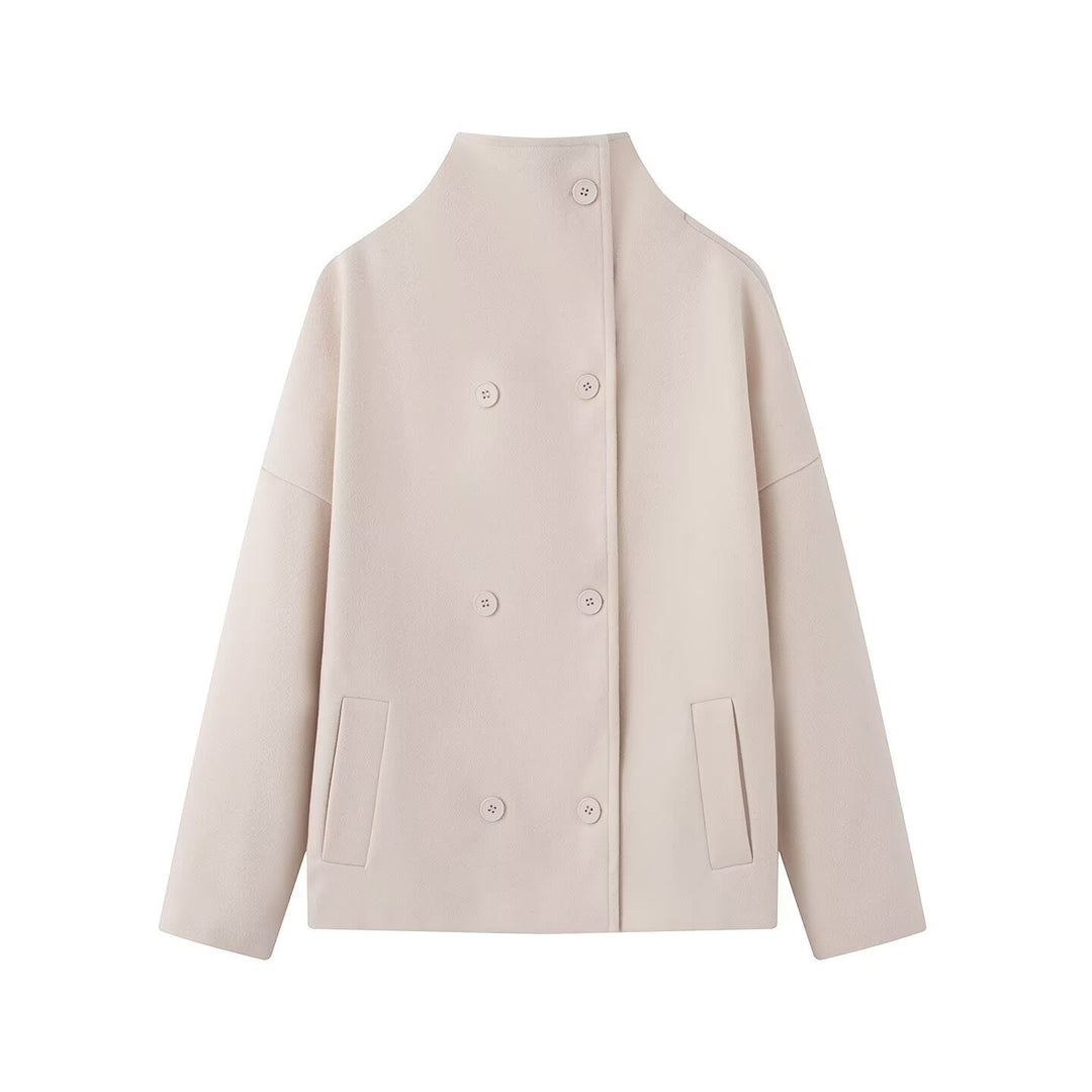 Women Short Cut Double Breasted Wool Blend Cocoon Coat with Stand-up Collar Amarae