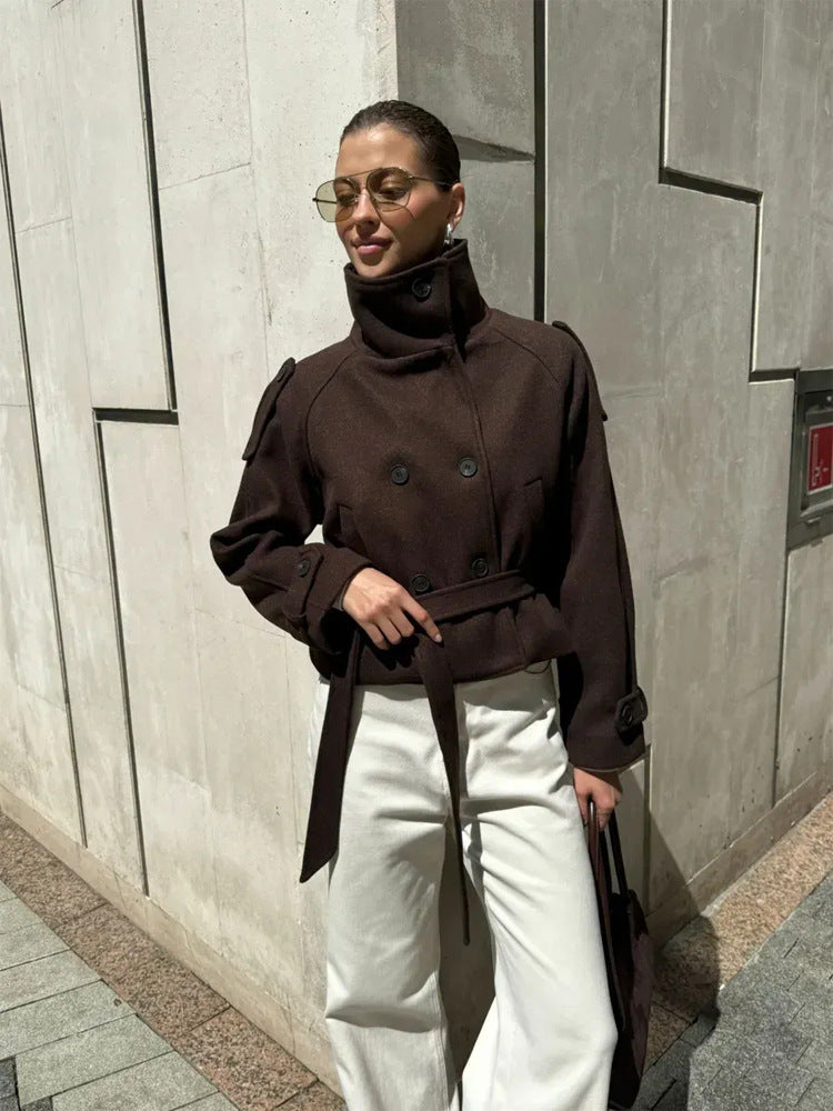 Ladies short cut wool blend jacket with high stand-up collar and waist belt Amarae