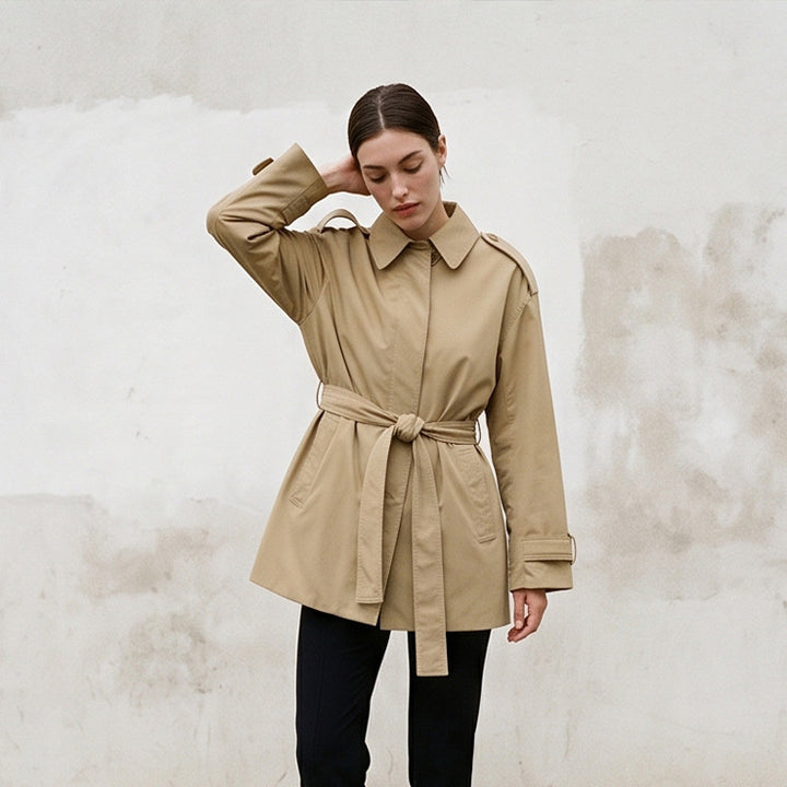 Women's short trench coat with waist belt, shoulder flaps, and adjustable cuffs Amarae