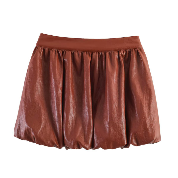 Women’s Short Balloon Skirt made of Faux Leather with High Waist and Patch Pockets Amarae