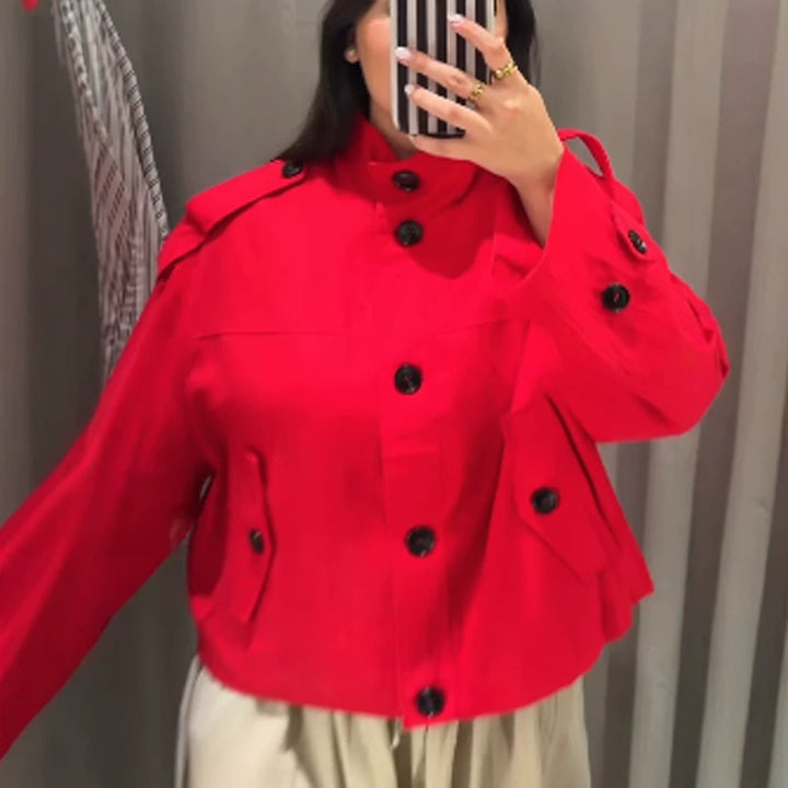 Women's Short Boxy Blouson Jacket made of lightweight Canvas with Epaulettes Amarae