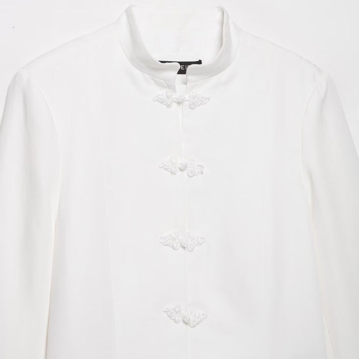 Women's Boxy Short Jacket with Stand-up Collar, Decorative Knot Closures and Welt Pockets Amarae