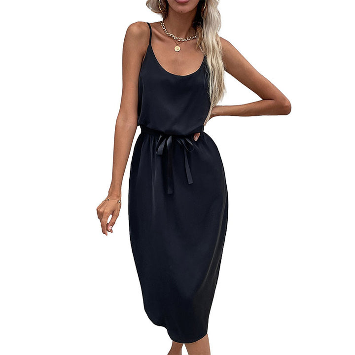 Mid-length dress with adjustable spaghetti straps for women with tied belt Lune London