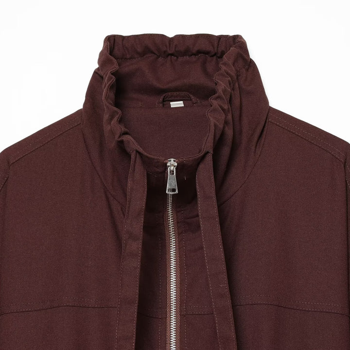 Women's short bomber-style jacket with high funnel collar, concealed zipper, and flap pockets Amarae