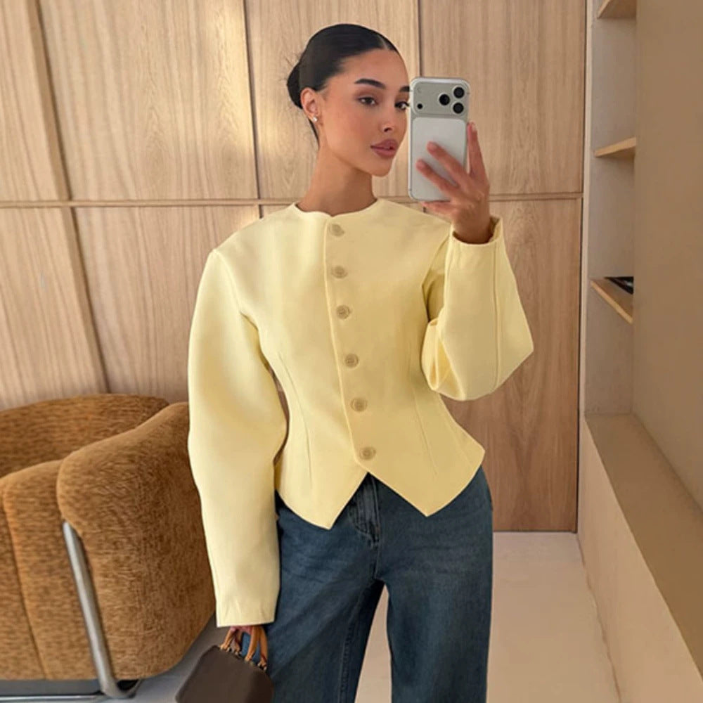 Women's Tailored Structure Jacket with Asymmetrical Dipped Hem and Balloon Sleeves Amarae