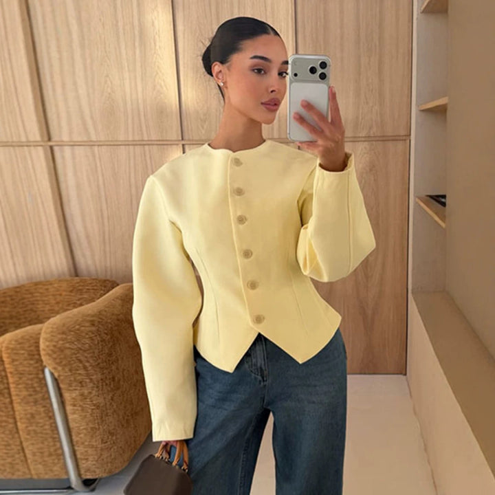 Women's Tailored Structure Jacket with Asymmetrical Dipped Hem and Balloon Sleeves Amarae