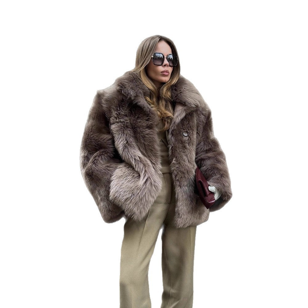 Women short coat made of luxurious faux fur with voluminous shawl collar and boxy silhouette Amarae