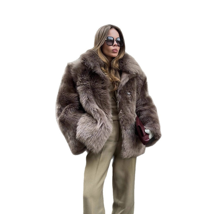 Women short coat made of luxurious faux fur with voluminous shawl collar and boxy silhouette Amarae