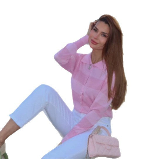 Ladies Fine Knit Cardigan-Shirt with Button Placket and Shirt Collar Amarae