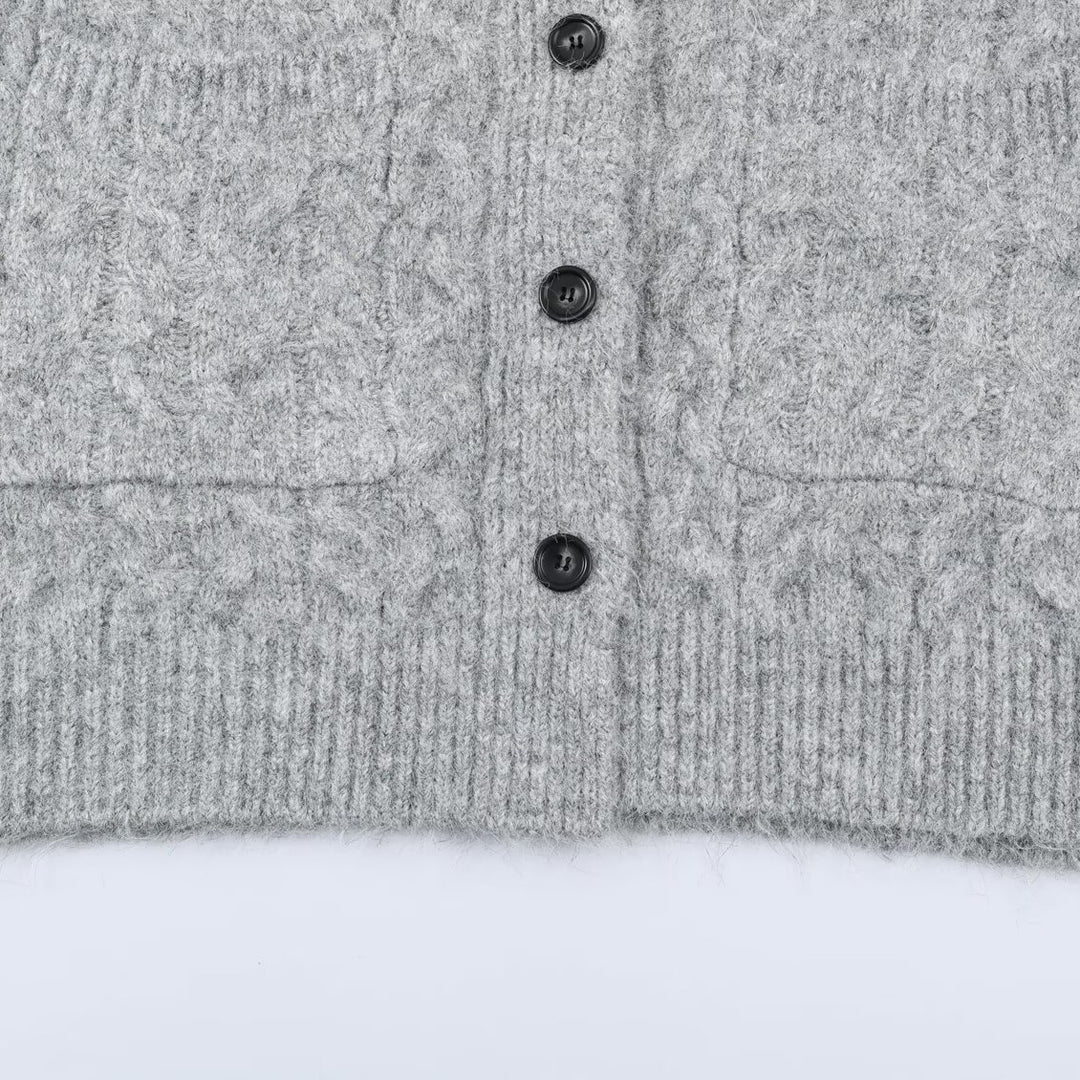 Women's Long Knitted Hooded Cardigan with Cable Pattern and Button Placket Amarae