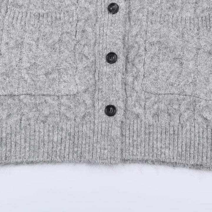 Women's Long Knitted Hooded Cardigan with Cable Pattern and Button Placket Amarae