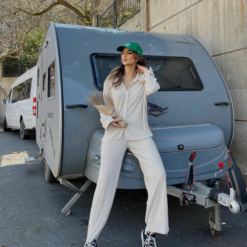 Amarae two-piece casual outfit for women with continuous button placket and wide legs