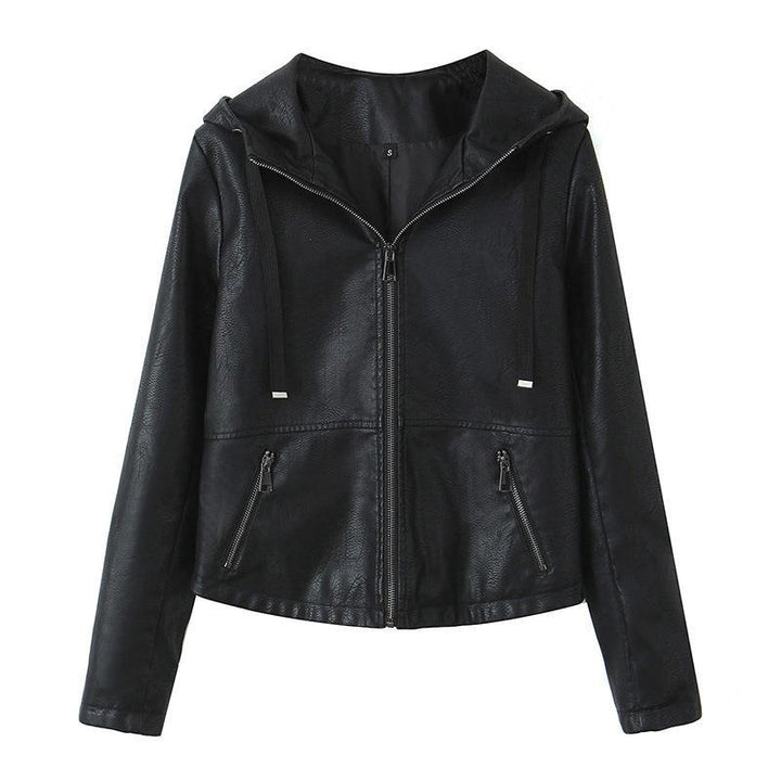 Faux leather jacket for women with practical hood and zippered pockets on the sides Lune London