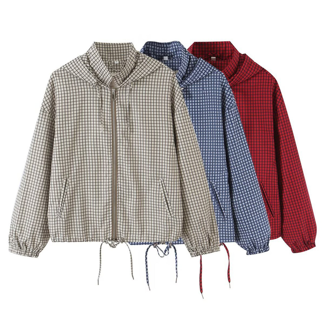 Women Lightweight Hooded Boxy Transitional Jacket with Check Grid Print, Drawstring and Elastic Cuffs Amarae