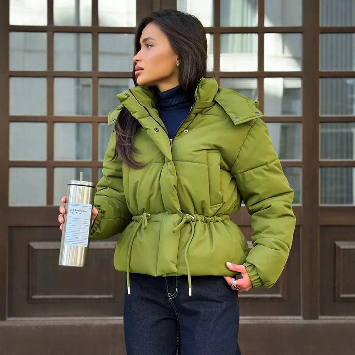 Women’s short padded hooded jacket with waist drawstring and high stand-up collar Amarae