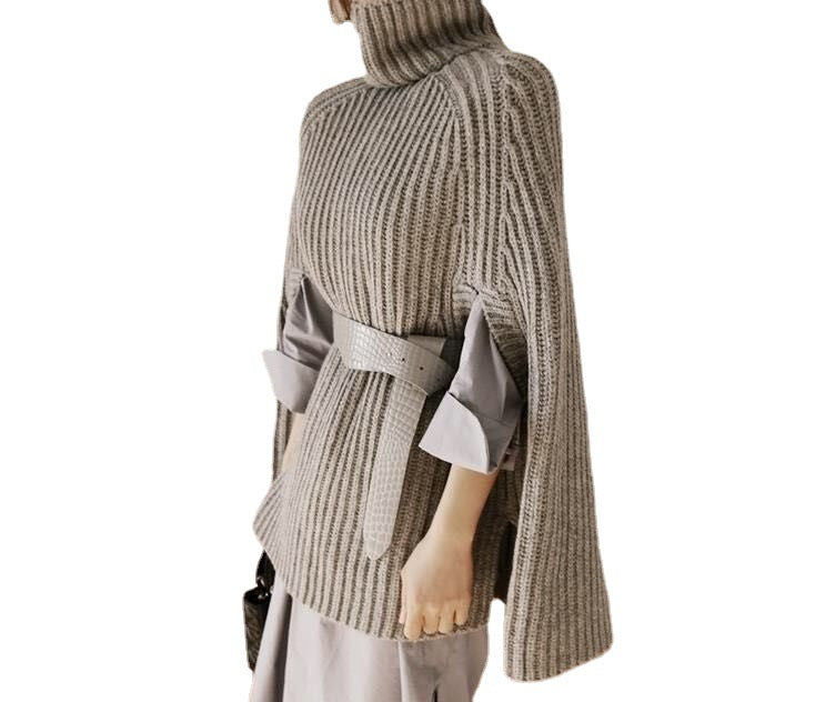 Knitted poncho for women with high collar and trendy ribbed pattern Lune London