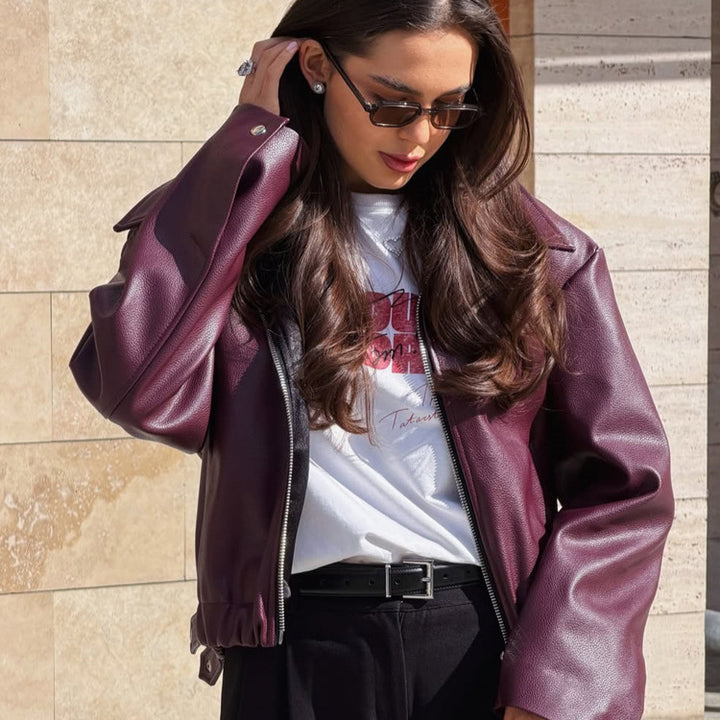 Women Boxy Faux Leather Jacket with Full Zip, Shirt Collar and Light Cropped Cut Amarae