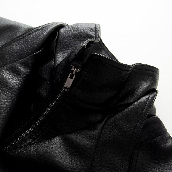 Women Oversized Double-Breasted Faux Leather Coat with Drawstring and Stand-Up Collar Amarae