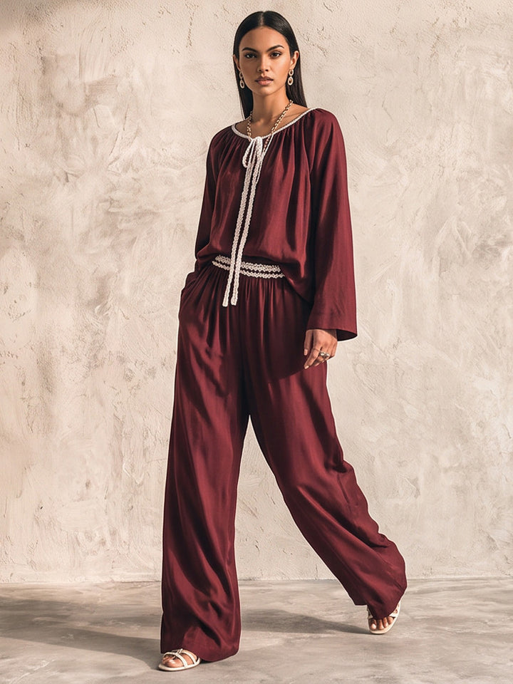 Ladies Flowing Two-Piece Loungewear Set in Silk Look with Wide Palazzo Pants and Gathered Tunic Amarae