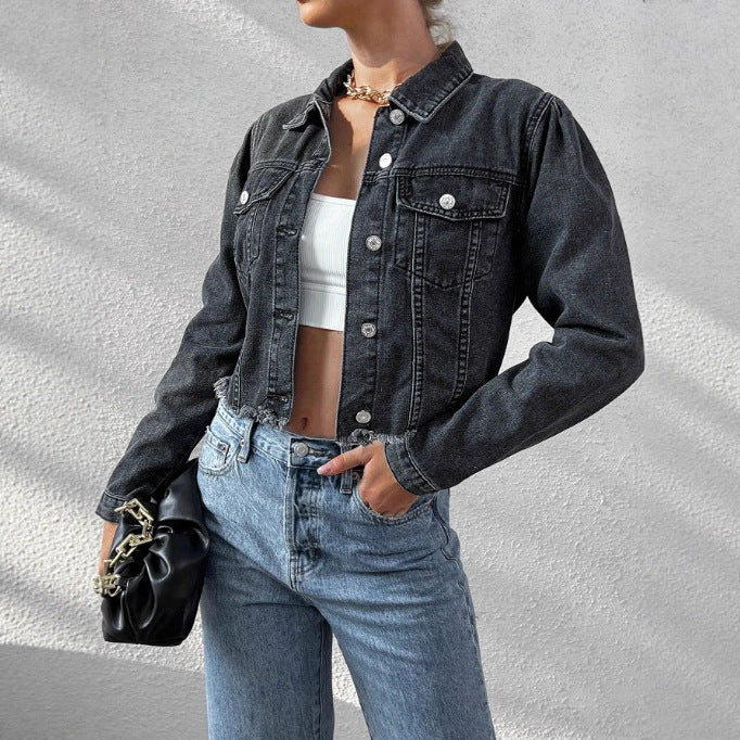 Women's cropped fitted denim jacket with raw fringe hem and flap pockets Amarae