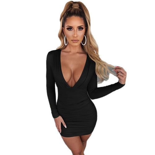 Women's figure-hugging dress with deep V-neck and long sleeves Amarae