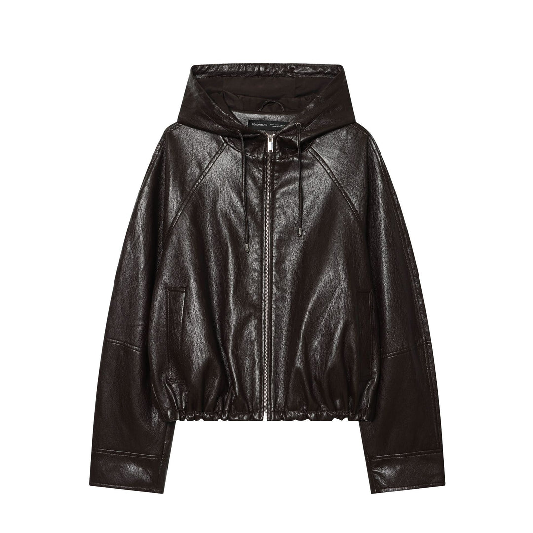 Women's Short Hooded Leather Look Bomber Jacket with Drawstring Hem Amarae