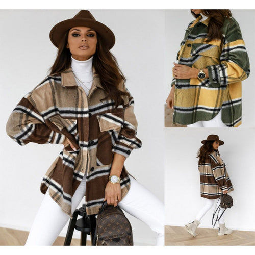 Ladies Oversized Flannel Checkered Jacket with Pockets Amarae