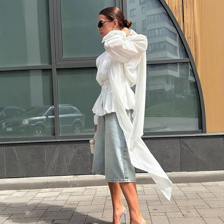 Women's Elegant Blouse with Bow Tie Collar, Emphasized Shoulders, and Long Ties Amarae