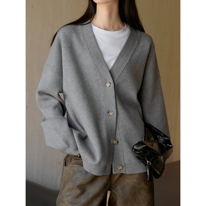Women's Loose V-Neck Cardigan made of fine cotton blend with drop shoulder and button placket Amarae