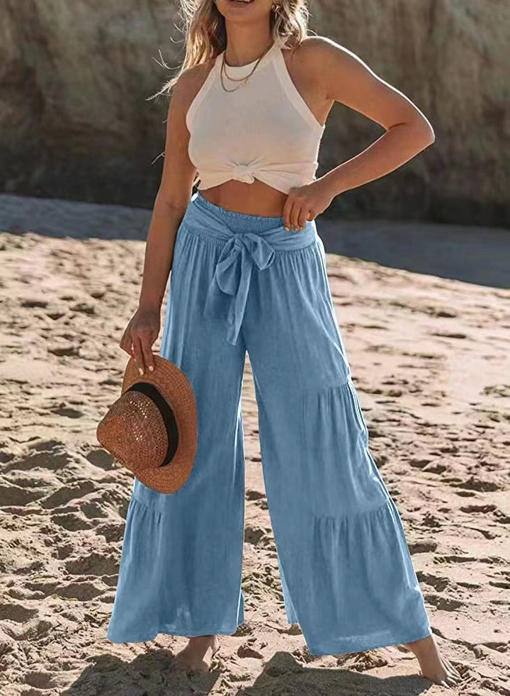Airy Palazzo Pants for Women with Elastic Waist and Practical Tying Belt Lune London